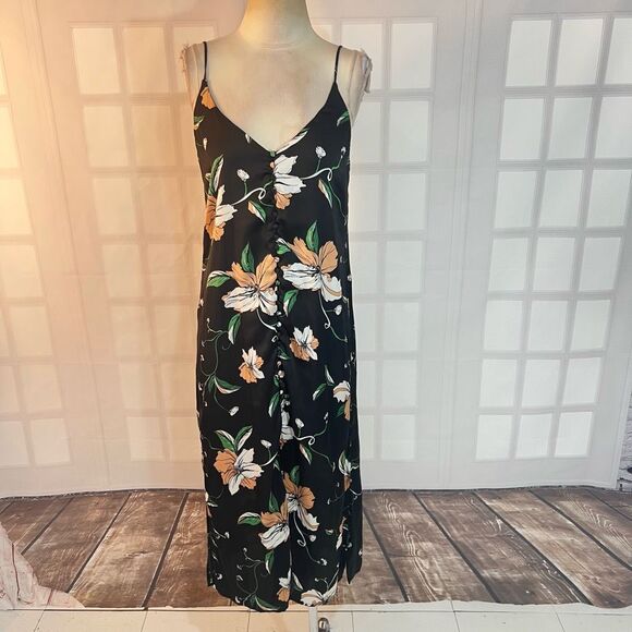 Bardot Black Hibiscus Floral Satin Button Front Sleeveless Slip Midi Dress Sz 6 - Picture 1 of 11
